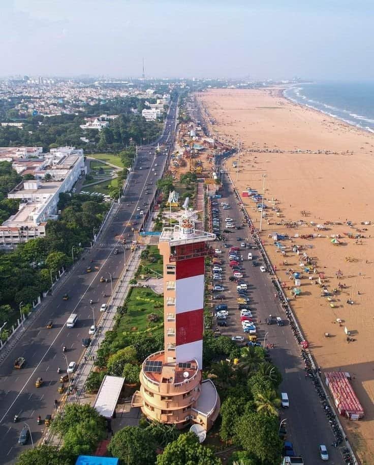 Marina Beach coastline and cityscape in Chennai during a South India tour