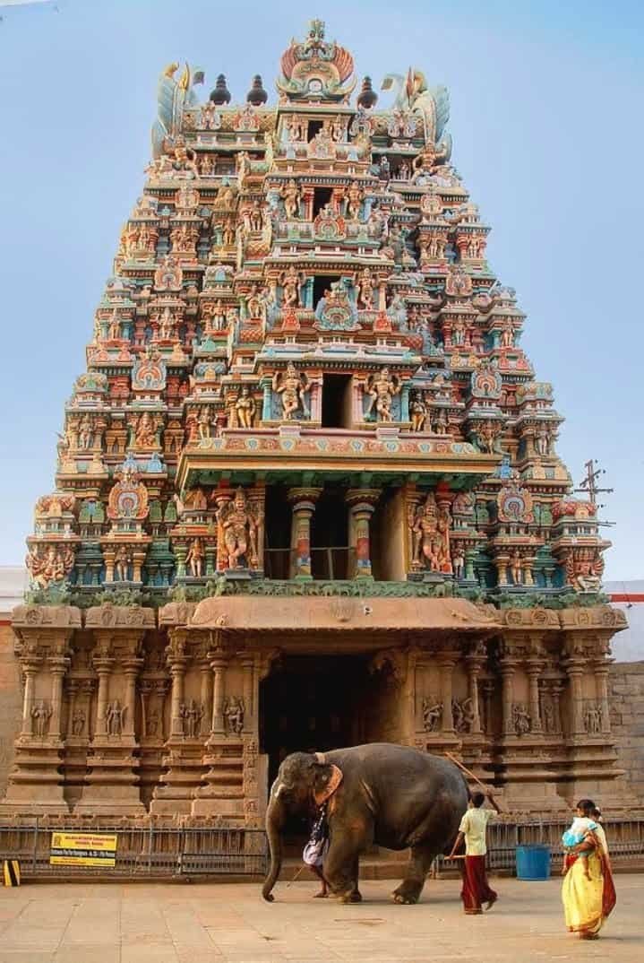 Towering colourful Dravidian gopurams of Meenakshi Amman Temple in Madurai
