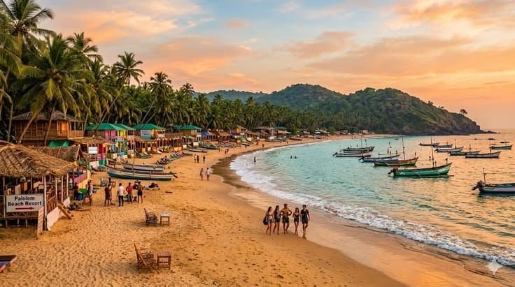 Tranquil crescent-shaped Palolem Beach with golden sand and coconut palms in South Goa