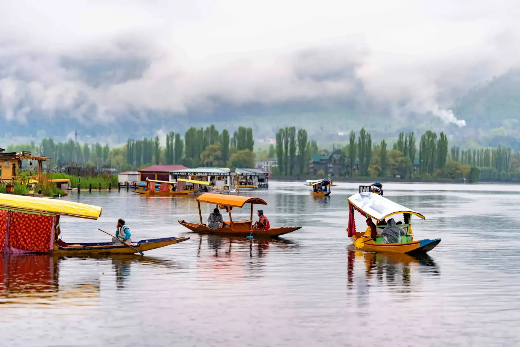 Scenic view of Dal Lake with a traditional houseboat